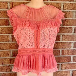 Adelyn Rae Coral Lace Peplum Top Blouse M